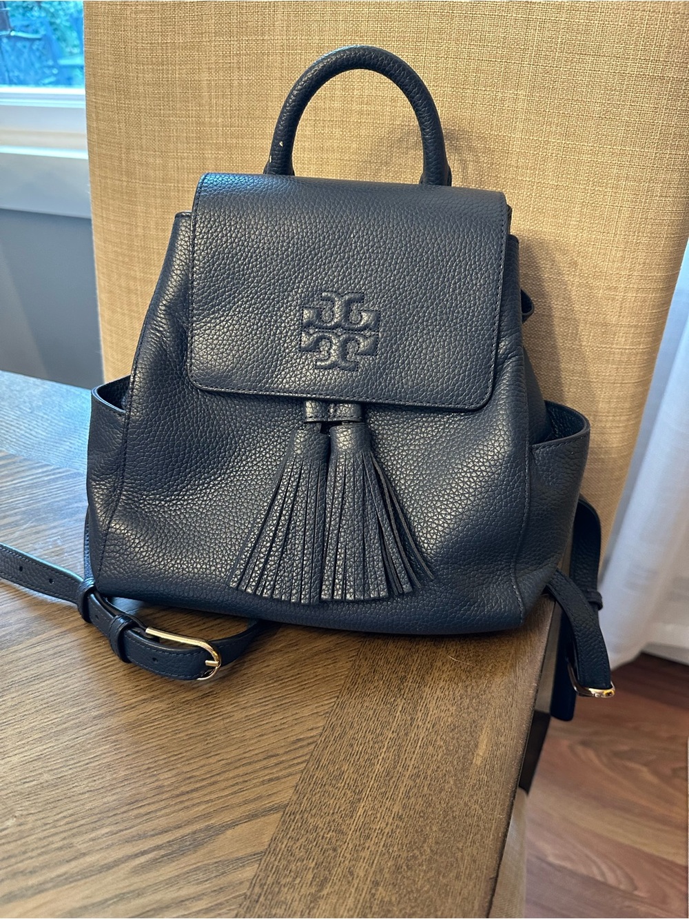 Tory Burch Navy Pebbled Leather Tassel Backpack